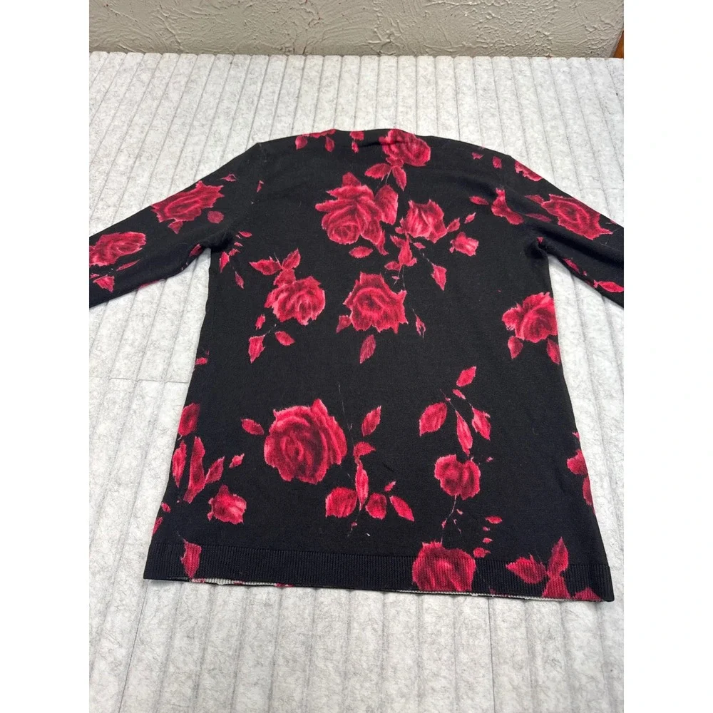 Talbots Petites Black Red Rose Floral Pure Merino Wool Sweater Crew Neck P 08/12